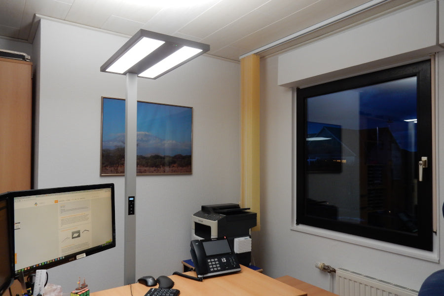 Stehleuchte im Büro mit direktem und indirektem Vollspektrumlicht