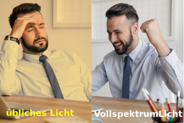 Bild zeigt direkten Vergleich mit und ohne Vollspektrumlicht am Schreibtisch