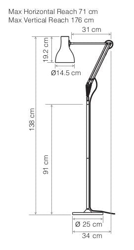 Skizze zeigt die Maße der Stehleuchte Tifez