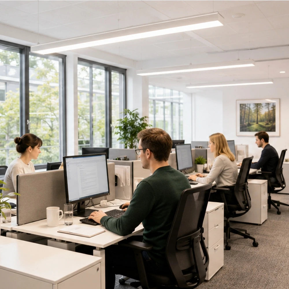 Helles Büro mit Tageslicht und Vollspektrumlicht-Beleuchtung