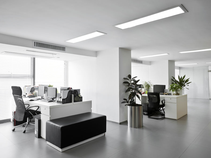 Büroarbeitsplätze hell, modern mit LED Panels an der Decke