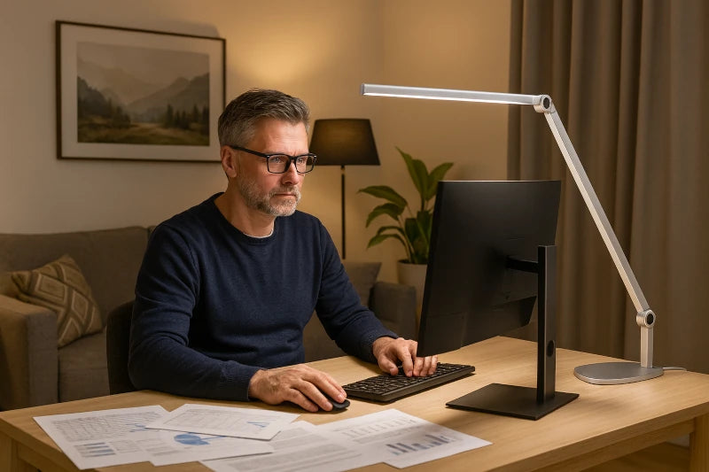 Mann mit Schreibtischleuchte am PC im Büro